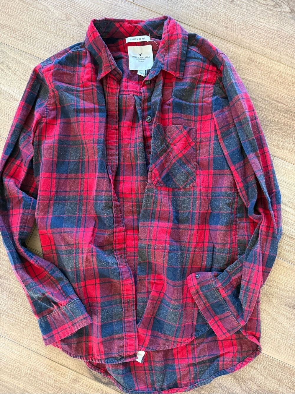 American Eagle Outfitters Red and Black Plaid Button-Down Shirt